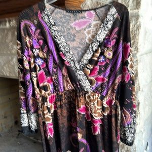 Tiana B black & brown 3/4 sleeve midi dress with pink & purple accents. Size L